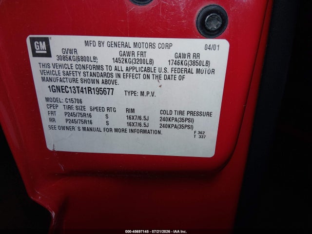 45697145 :رقم المزاد ، 1GNEC13T41R195677 vin ، 2001 Chevrolet Tahoe Ls مزاد بيع