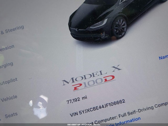 2018 Tesla Model X 100d/75d/p100d მანქანა იყიდება აუქციონზე, vin: 5YJXCBE44JF106662, აუქციონის ნომერი: 45697149