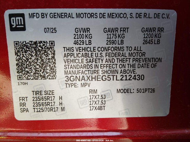 45697165 :رقم المزاد ، 3GNAXHEG5TL212430 vin ، 2026 Chevrolet Equinox Fwd Lt مزاد بيع