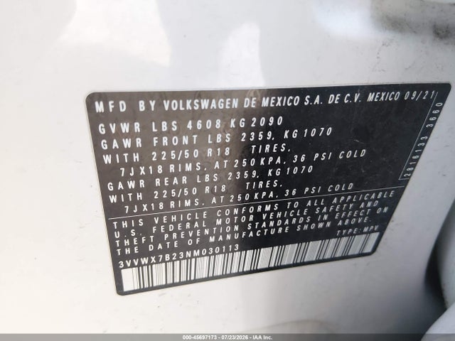 Aukcja sprzedaży 2022 Volkswagen Taos 1.5t Se, vin: 3VVWX7B23NM030113, numer aukcji: 45697173