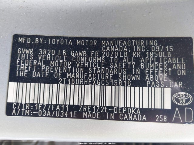 Aukcja sprzedaży 2016 Toyota Corolla L, vin: 2T1BURHEXGC515816, numer aukcji: 45697180
