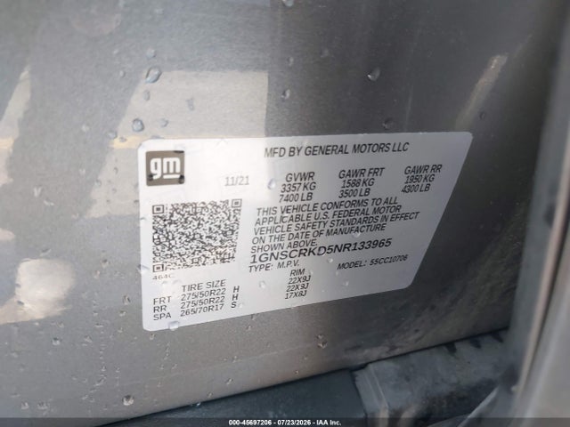 45697206 :رقم المزاد ، 1GNSCRKD5NR133965 vin ، 2022 Chevrolet Tahoe 2wd Rst مزاد بيع