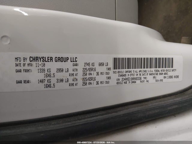 45697224 :رقم المزاد ، 2D4RN5D18AR483336 vin ، 2010 Dodge Grand Caravan Sxt مزاد بيع