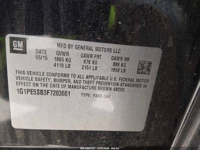 2015 Chevrolet Cruze 2lt Auto მანქანა იყიდება აუქციონზე, vin: 1G1PE5SB3F7283661, აუქციონის ნომერი: 45697227