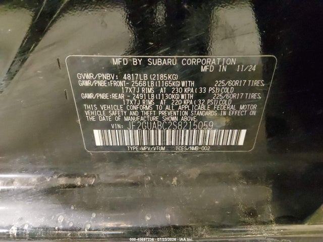 45697236 :رقم المزاد ، JF2GUABC2S8215059 vin ، 2025 Subaru Crosstrek مزاد بيع
