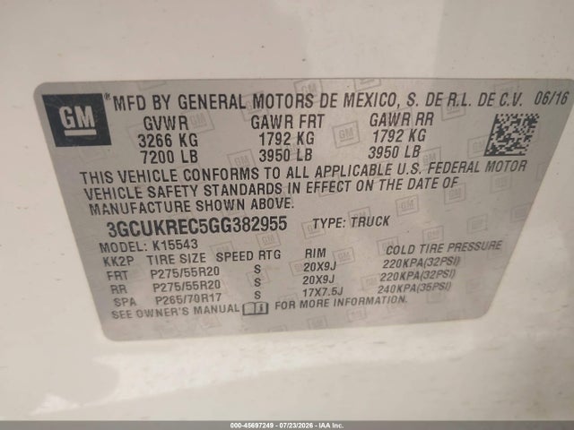 45697249 :رقم المزاد ، 3GCUKREC5GG382955 vin ، 2016 Chevrolet Silverado 1500 Lt مزاد بيع