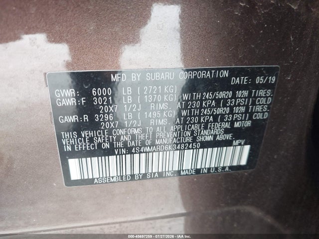 Aukcja sprzedaży 2019 Subaru Ascent Touring, vin: 4S4WMARD6K3482450, numer aukcji: 45697259