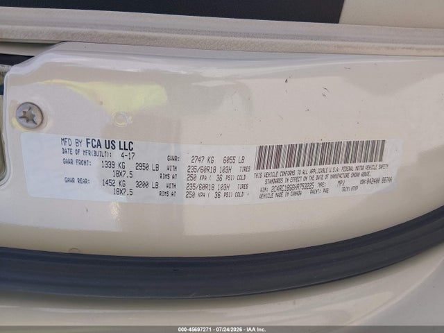 45697271 :رقم المزاد ، 2C4RC1BG6HR753225 vin ، 2017 Chrysler Pacifica Touring Plus مزاد بيع