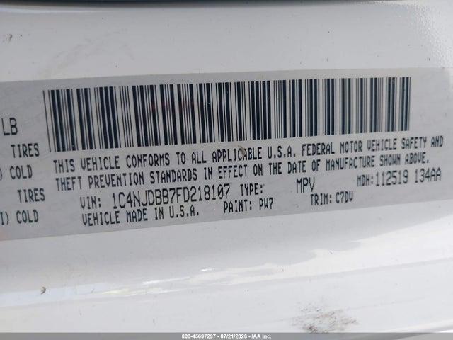 Продажа на аукционе авто 2015 Jeep Compass Sport, vin: 1C4NJDBB7FD218107, номер лота: 45697297