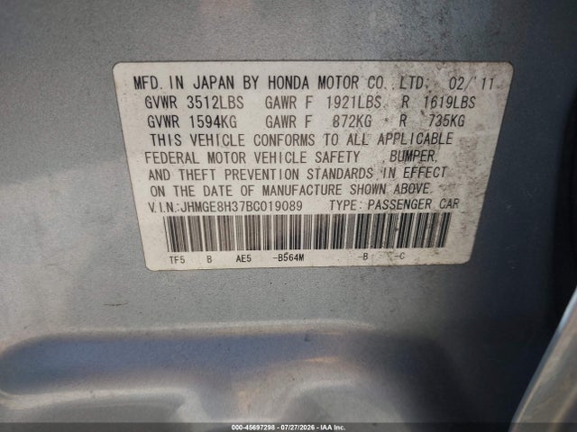 Продаж на аукціоні авто 2011 Honda Fit, vin: JHMGE8H37BC019089, номер лоту: 45697298