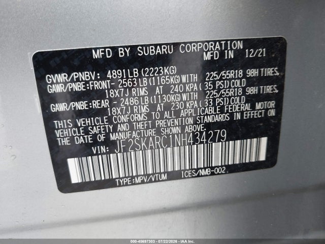 Продаж на аукціоні авто 2022 Subaru Forester Touring, vin: JF2SKARC1NH434279, номер лоту: 45697303