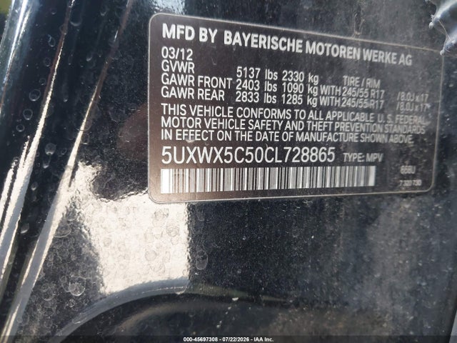 Продажа на аукционе авто 2012 Bmw X3 Xdrive28i, vin: 5UXWX5C50CL728865, номер лота: 45697308