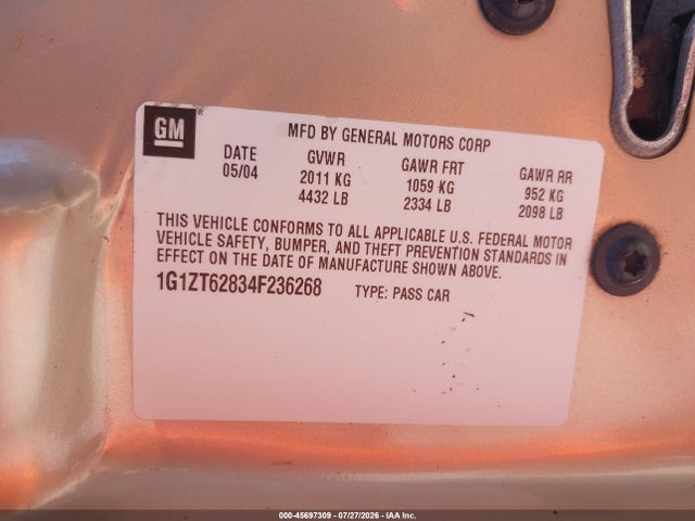 45697309 :رقم المزاد ، 1G1ZT62834F236268 vin ، 2004 Chevrolet Malibu Maxx Ls مزاد بيع