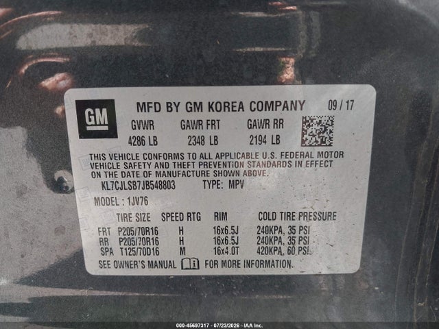 Продажа на аукционе авто 2018 Chevrolet Trax Lt, vin: KL7CJLSB7JB548803, номер лота: 45697317