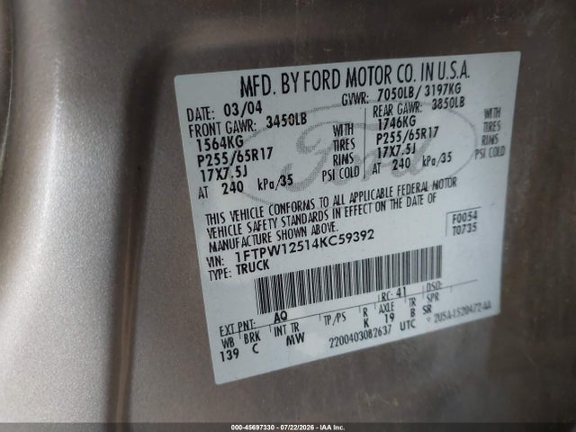 Продажа на аукционе авто 2004 Ford F-150 Lariat/xlt, vin: 1FTPW12514KC59392, номер лота: 45697330