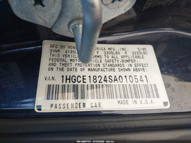 1995 Honda Accord Lx მანქანა იყიდება აუქციონზე, vin: 1HGCE1824SA010541, აუქციონის ნომერი: 45697331