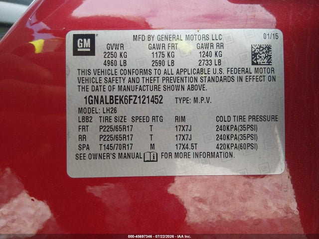 Продажа на аукционе авто 2015 Chevrolet Equinox Lt, vin: 1GNALBEK6FZ121452, номер лота: 45697346