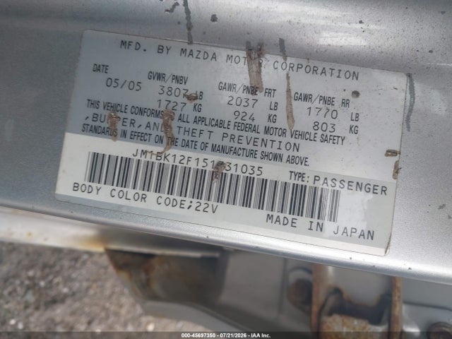 Aukcja sprzedaży 2005 Mazda Mazda3 I, vin: JM1BK12F151331035, numer aukcji: 45697350