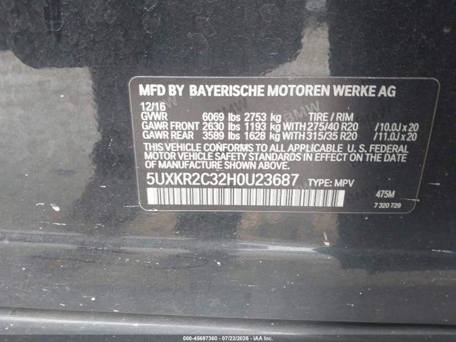 Продаж на аукціоні авто 2017 Bmw X5 Sdrive35i, vin: 5UXKR2C32H0U23687, номер лоту: 45697360