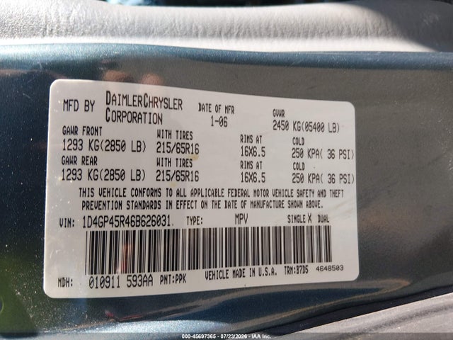 Продаж на аукціоні авто 2006 Dodge Caravan Sxt, vin: 1D4GP45R46B626031, номер лоту: 45697365