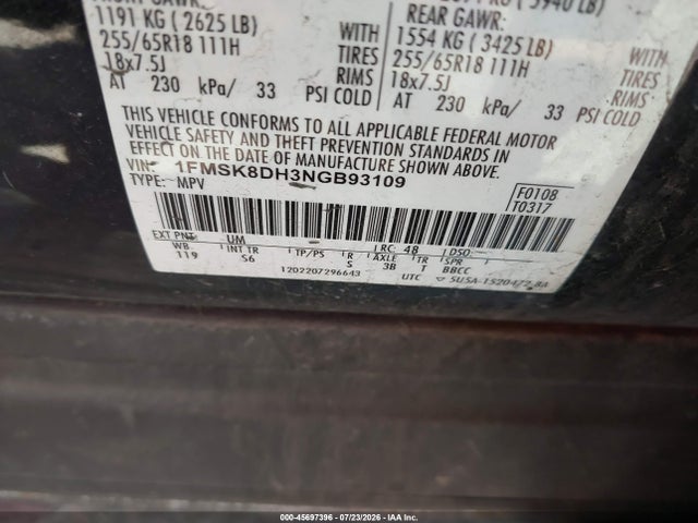 45697396 :رقم المزاد ، 1FMSK8DH3NGB93109 vin ، 2022 Ford Explorer Xlt مزاد بيع