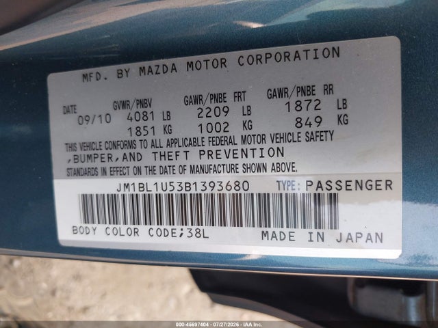 Aukcja sprzedaży 2011 Mazda Mazda3 S Sport, vin: JM1BL1U53B1393680, numer aukcji: 45697404