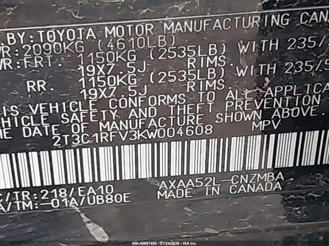 45697408 :رقم المزاد ، 2T3C1RFV3KW004608 vin ، 2019 Toyota Rav4 Xle Premium مزاد بيع
