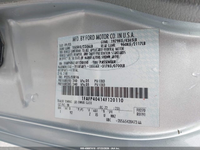 Продажа на аукционе авто 2004 Ford Mustang, vin: 1FAFP40414F120110, номер лота: 45697418