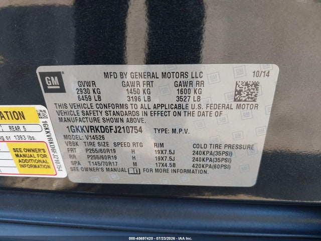 Продаж на аукціоні авто 2015 Gmc Acadia Slt, vin: 1GKKVRKD6FJ210754, номер лоту: 45697420
