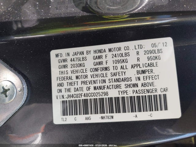 45697430 :رقم المزاد ، JH4CU2F48CC025298 vin ، 2012 Acura Tsx 2.4 مزاد بيع