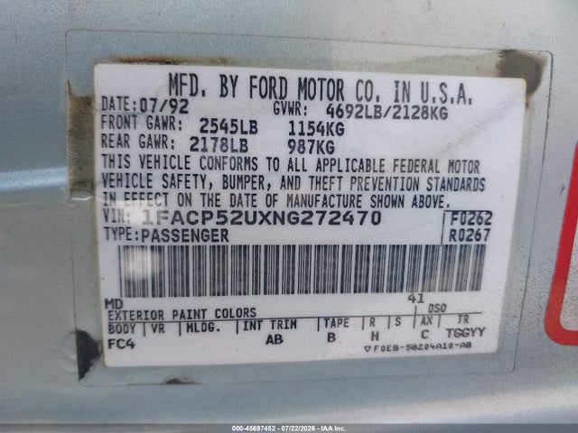 Aukcja sprzedaży 1992 Ford Taurus Gl, vin: 1FACP52UXNG272470, numer aukcji: 45697452