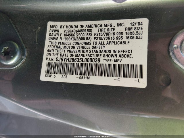 Продаж на аукціоні авто 2005 Honda Element Ex, vin: 5J6YH28635L000039, номер лоту: 45697457