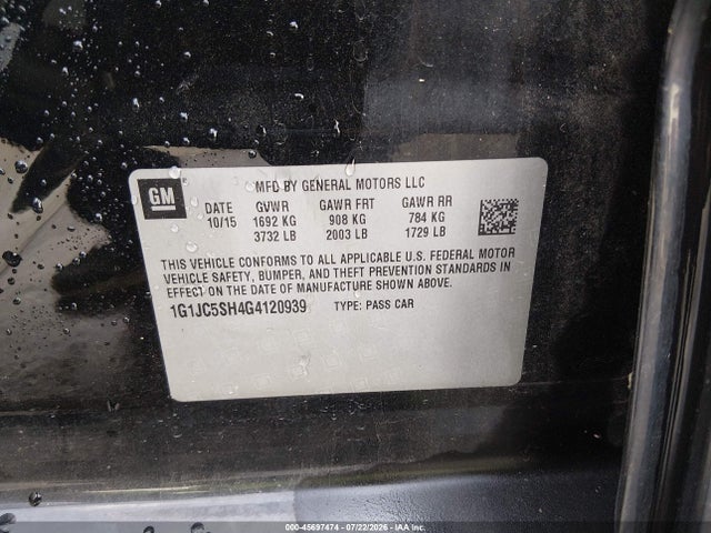 Продаж на аукціоні авто 2016 Chevrolet Sonic Lt Auto, vin: 1G1JC5SH4G4120939, номер лоту: 45697474