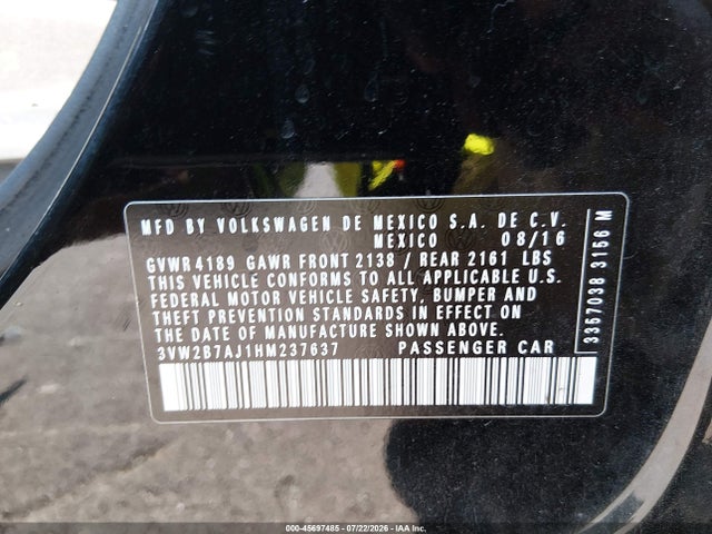 2017 Volkswagen Jetta 1.4t S მანქანა იყიდება აუქციონზე, vin: 3VW2B7AJ1HM237637, აუქციონის ნომერი: 45697485