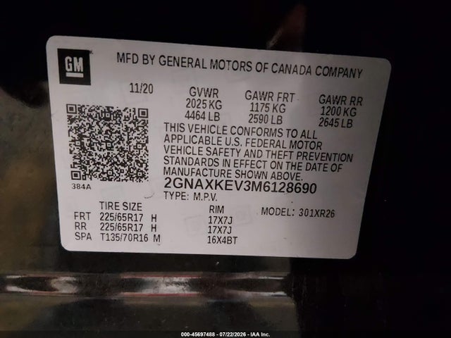 2GNAXKEV3M6128690 Chevrolet Equinox Fwd Lt