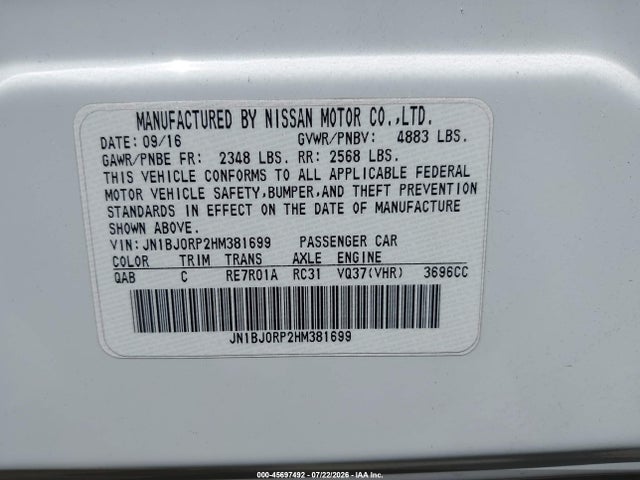 Aukcja sprzedaży 2017 Infiniti Qx50, vin: JN1BJ0RP2HM381699, numer aukcji: 45697492