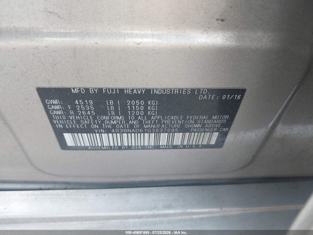 Aukcja sprzedaży 2016 Subaru Legacy 2.5i Premium, vin: 4S3BNAD61G3037095, numer aukcji: 45697495