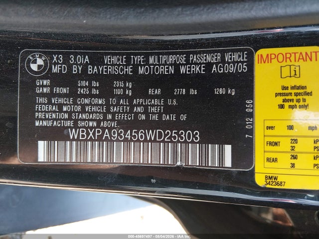 Продаж на аукціоні авто 2006 Bmw X3 3.0i, vin: WBXPA93456WD25303, номер лоту: 45697497