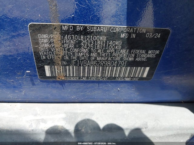 Продажа на аукционе авто 2024 Subaru Wrx, vin: JF1VBAB62R9804791, номер лота: 45697502