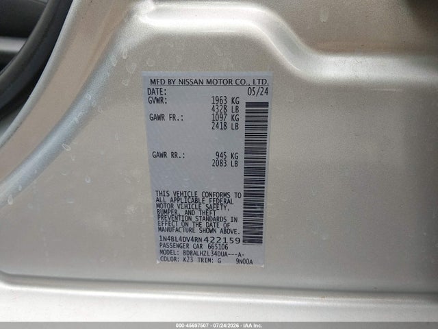 Продажа на аукционе авто 2024 Nissan Altima Sv Fwd, vin: 1N4BL4DV4RN422159, номер лота: 45697507