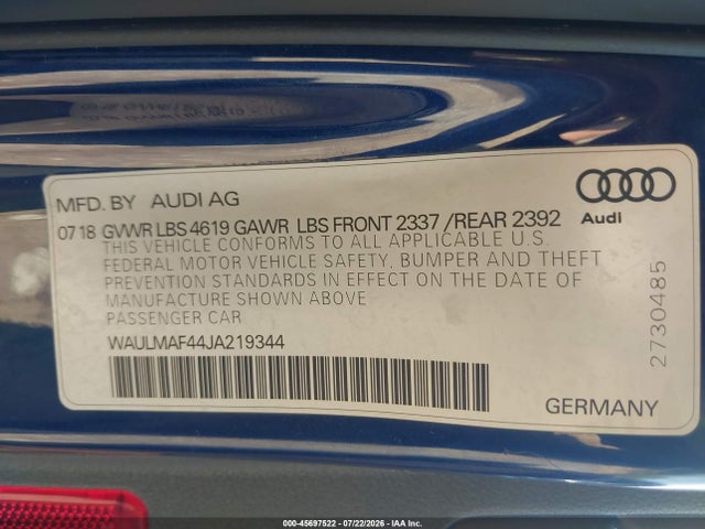 45697522 :رقم المزاد ، WAULMAF44JA219344 vin ، 2018 Audi A4 2.0t Tech Ultra Premium/2.0t Ultra Premium مزاد بيع