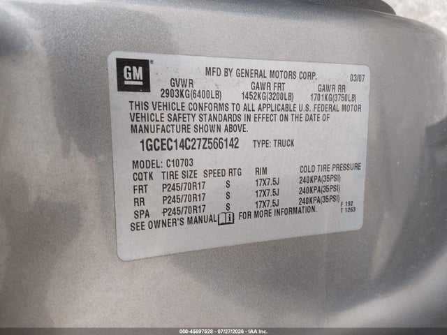 2007 Chevrolet Silverado 1500 Lt1 მანქანა იყიდება აუქციონზე, vin: 1GCEC14C27Z566142, აუქციონის ნომერი: 45697528