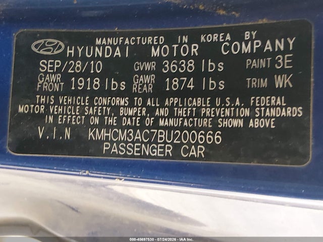 45697530 :رقم المزاد ، KMHCM3AC7BU200666 vin ، 2011 Hyundai Accent Gl مزاد بيع