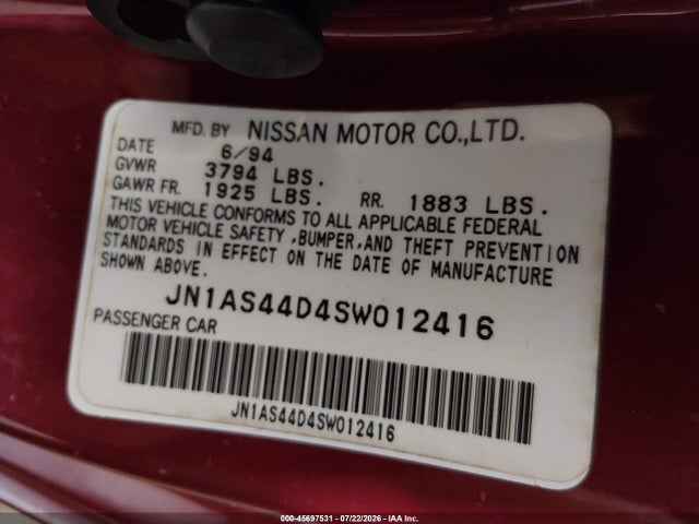 Aukcja sprzedaży 1995 Nissan 240sx Se, vin: JN1AS44D4SW012416, numer aukcji: 45697531