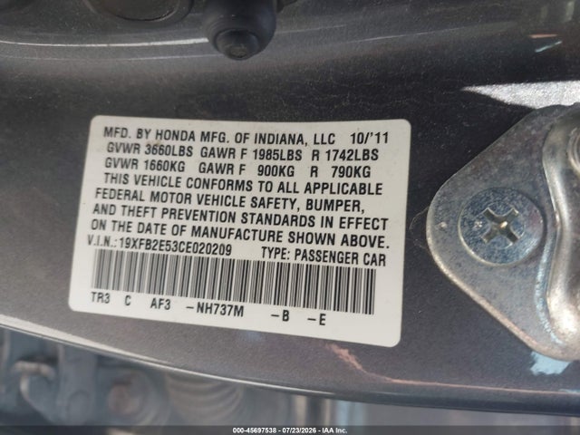 2012 Honda Civic Lx მანქანა იყიდება აუქციონზე, vin: 19XFB2E53CE020209, აუქციონის ნომერი: 45697538