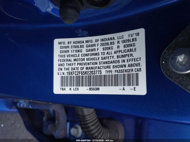 Honda Civic Lx 2019 19XFC2F65KE203775 Image 9