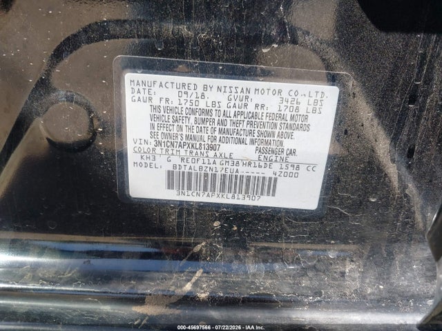 Продаж на аукціоні авто 2019 Nissan Versa 1.6 Sv, vin: 3N1CN7APXKL813907, номер лоту: 45697566