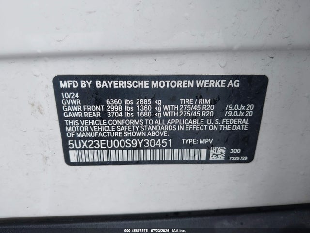 2025 Bmw X5 Xdrive40i მანქანა იყიდება აუქციონზე, vin: 5UX23EU00S9Y30451, აუქციონის ნომერი: 45697575