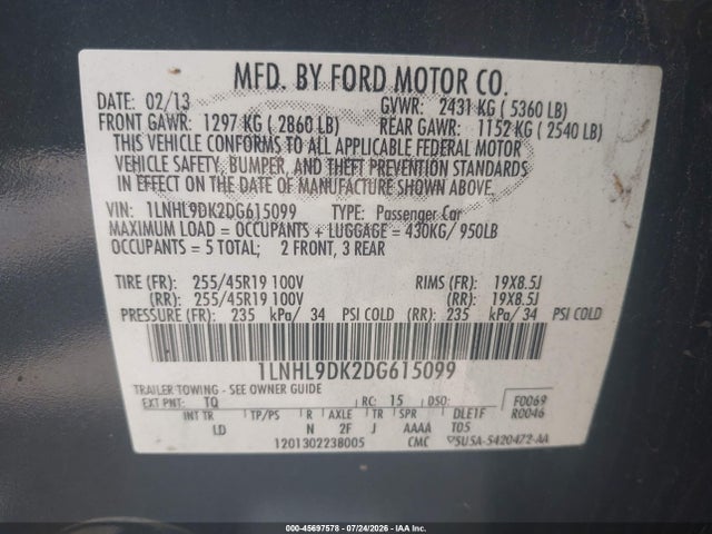 Продаж на аукціоні авто 2013 Lincoln Mks, vin: 1LNHL9DK2DG615099, номер лоту: 45697578