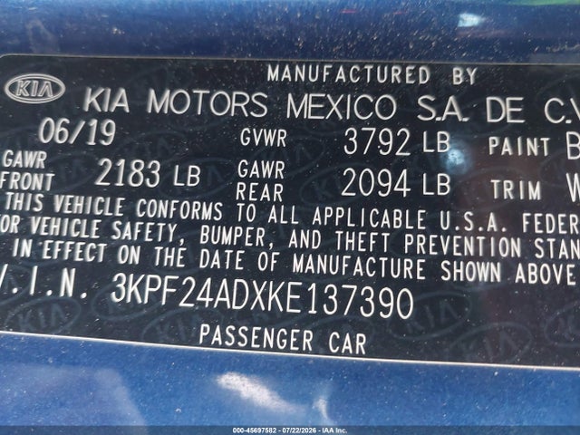 Aukcja sprzedaży 2019 Kia Forte Lxs, vin: 3KPF24ADXKE137390, numer aukcji: 45697582